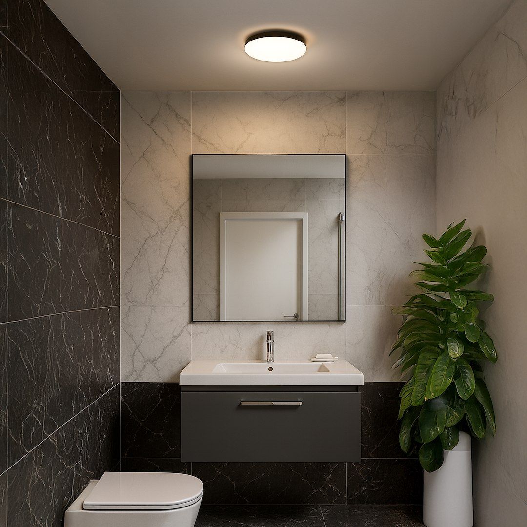Plafon Maya LED D33 w kolorze czarnym, o mocy 15W i temperaturze barwowej 4000K, zamontowany na suficie. Okrągły kształt, z mlecznym kloszem, w nowoczesnej łazience z dodatkami roślinnymi i lustrem. Tło w odcieniach szarości i czerni.