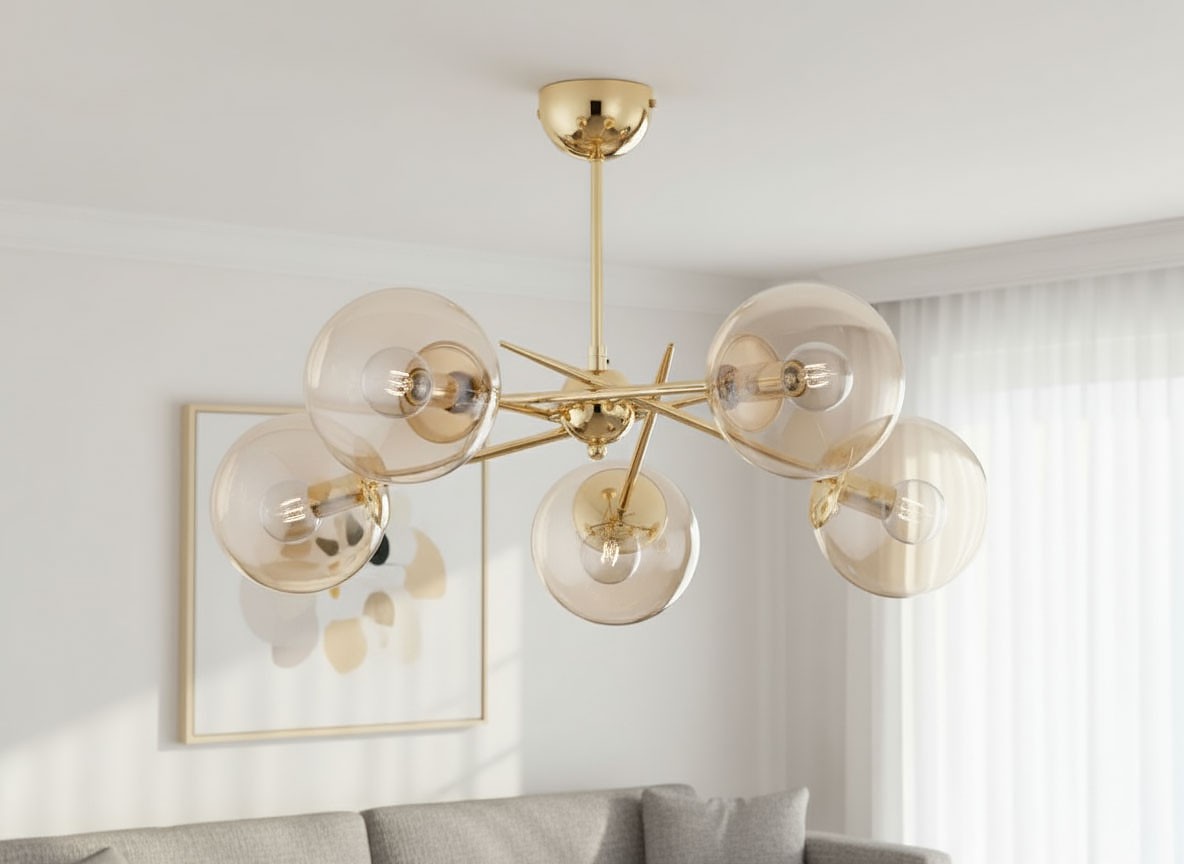 Lampa wisząca Primery Gold z pięcioma kloszami E14 w kolorze złotym. Klosze mają półprzezroczystą, szklaną strukturę, a całość jest zawieszona na metalowej konstrukcji z wykończeniem w kolorze złota.
