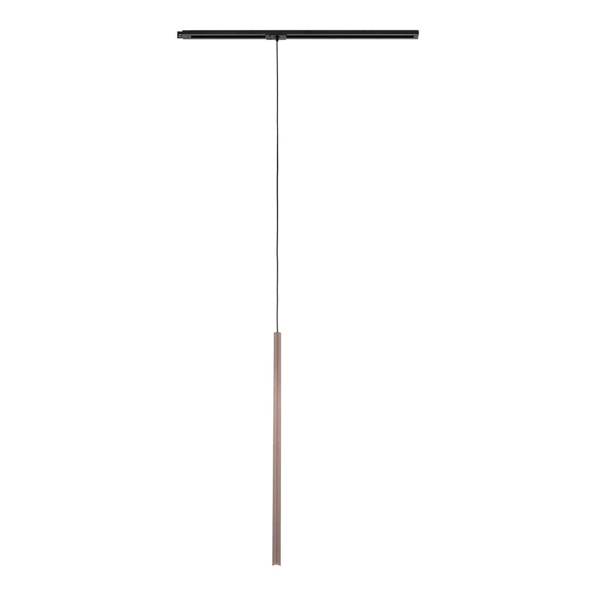 Lampa wisząca Tracer Brown 1xG9 w brązowym kolorze, z wiszącym kloszem w formie prostokątnego słupa. Ujęcie frontalne, z czarną szyną sufitową, zawieszona na cienkim przewodzie. Prosty design, idealna do nowoczesnych wnętrz.