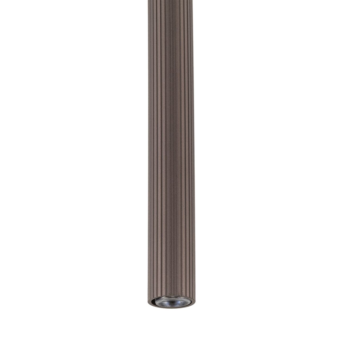Brązowa lampa wisząca Tracer Brown z jedną oprawą G9, o cylindrycznym kształcie z wyraźnym, rowkowanym wzorem. Ujęcie z góry, na białym tle, pokazujące detal klosza. Przeznaczona do montażu na szynie 1-fazowej.