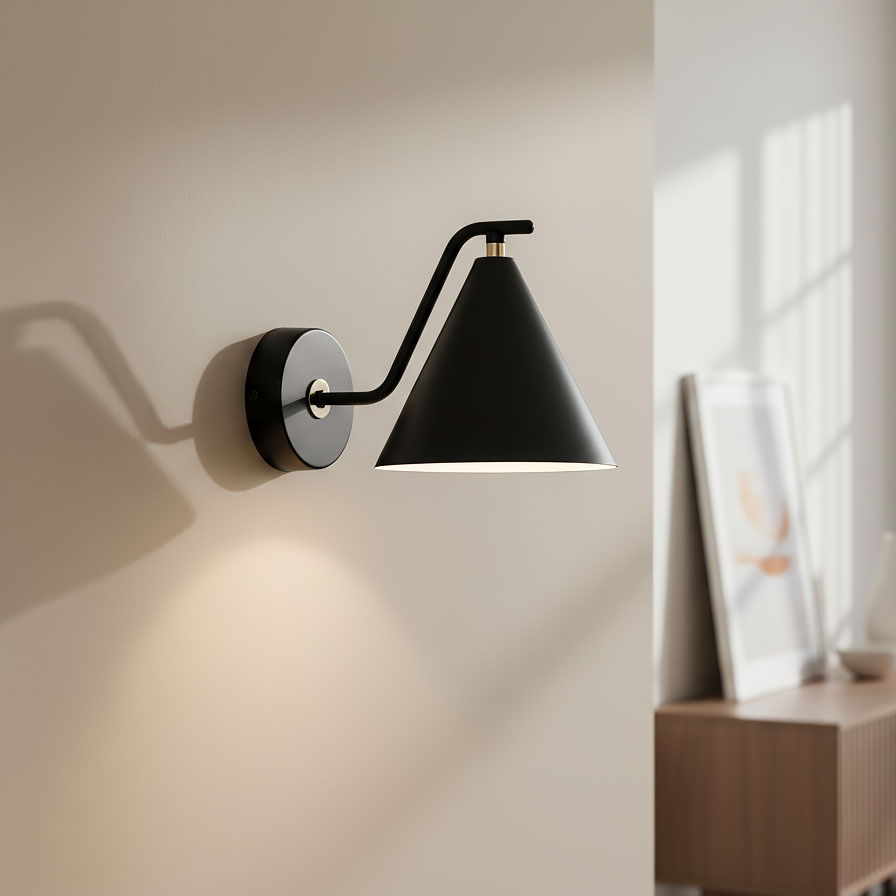 Kinkiet Atlas 1xE27 w kolorze czarnym z metalowym kloszem w kształcie stożka, zamontowany na okrągłej podstawie. Ujęcie z boku, na tle jasnej ściany, z widocznym cieniem. Elementy dekoracyjne w tle, w tym ramki i meble.