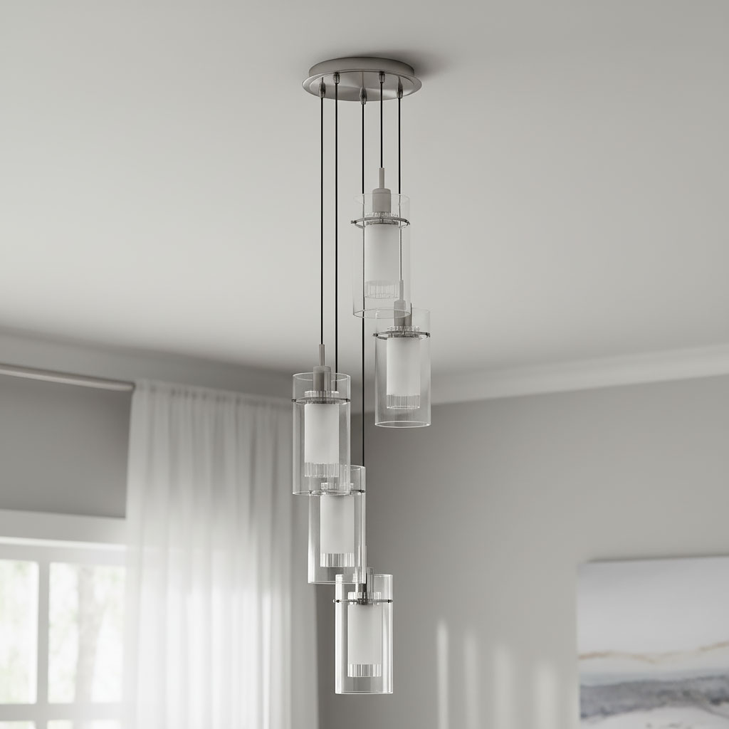 Lampa wisząca Duo I, 5-punktowa, wykonana z srebrnej satyny i przezroczystego szkła. Posiada pięć cylindrycznych kloszy, zawieszonych na cienkich linkach, w eleganckim, nowoczesnym stylu. Ujęcie z góry, na tle jasnego wnętrza.