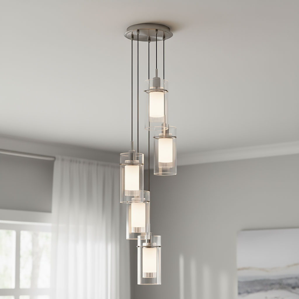 Lampa wisząca Duo I z pięcioma punktami świetlnymi w srebrnej satynie i przezroczystym kloszu. Ułożona w pionie, zawieszona na cienkich linkach. Klasyczny design, idealna do nowoczesnych wnętrz. Tło w jasnym kolorze, z lekkimi zasłonami w tle.