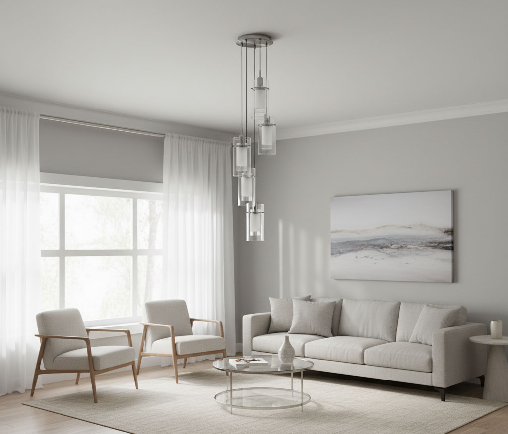 Lampa wisząca Duo I pięciopunktowa w kolorze srebrnej satyny i przezroczystego szkła, zawieszona w nowoczesnym wnętrzu. Widoczne eleganckie, cylindryczne klosze oraz minimalistyczny sufitowy mocowanie, w otoczeniu jasnych mebli i dużego okna.