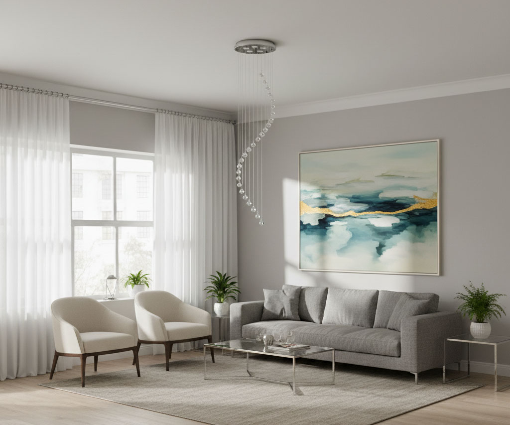 Lampa wisząca 5-punktowa w chromie, z subtelnymi kryształkami, zawieszona na długich linkach. Produkt umieszczony w nowoczesnym wnętrzu z jasnymi zasłonami i obrazem w kolorach niebieskich i złotych.