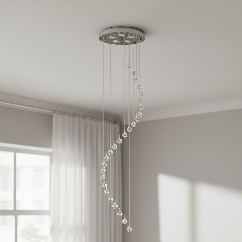 Lampa wisząca 5-punktowa w kolorze chromu, z dekoracyjnymi, przezroczystymi kulkami wzdłuż spiralnych linek. Montowana pod sufitem, w otoczeniu jasnych zasłon i szarej ściany, tworzy nowoczesny akcent w aranżacji wnętrza.