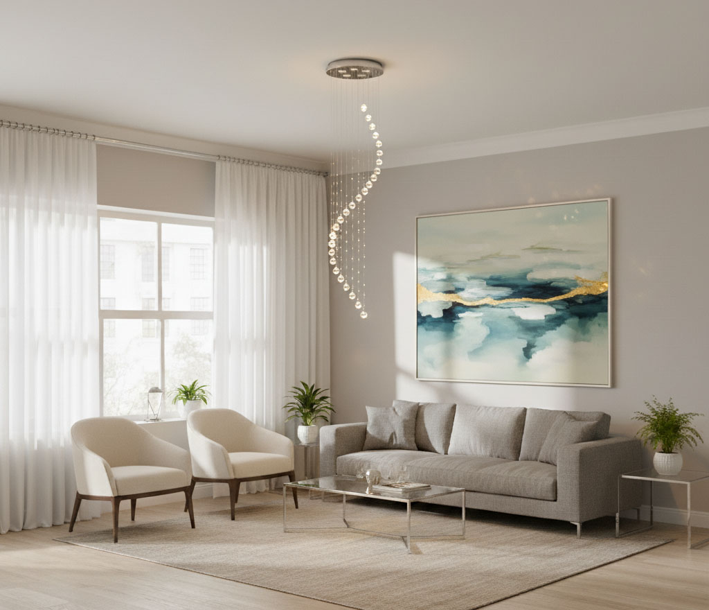 Lampa wisząca 5-punktowa w chromowanej obudowie, z subtelnym kształtem spirali, zawieszona na suficie. Oświetlenie składa się z pięciu szklanych kul, które tworzą efektowną kompozycję. Tło w jasnym, nowoczesnym wnętrzu z szarym sofą i jasnymi fotelami.