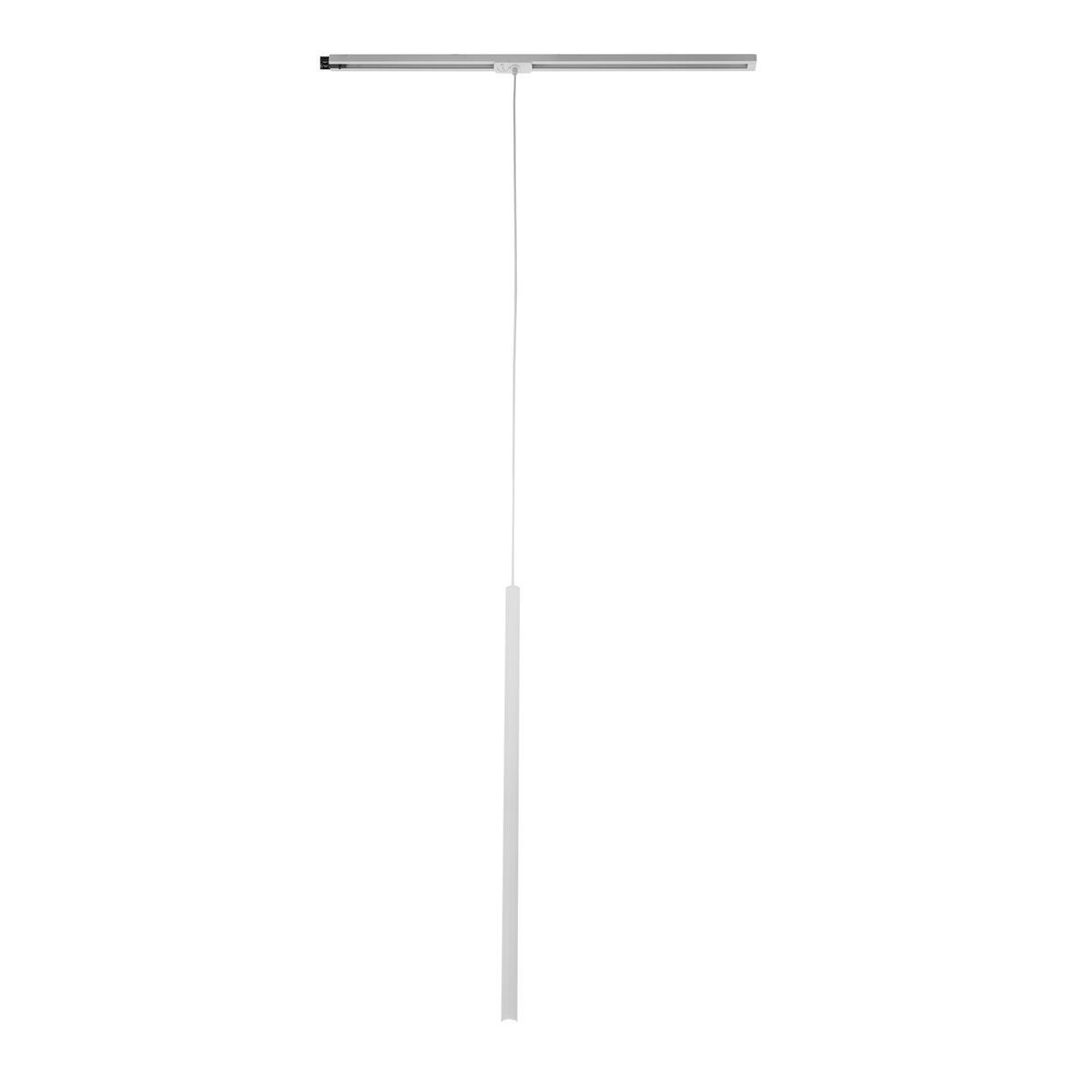 Lampa wisząca Tracer 1xG9 w kolorze białym, zawieszona na cienkim przewodzie, z prostokątnym, minimalistycznym kloszem. Ujęcie frontalne, pokazujące całą długość lampy oraz mocowanie do szyny 1-fazowej.