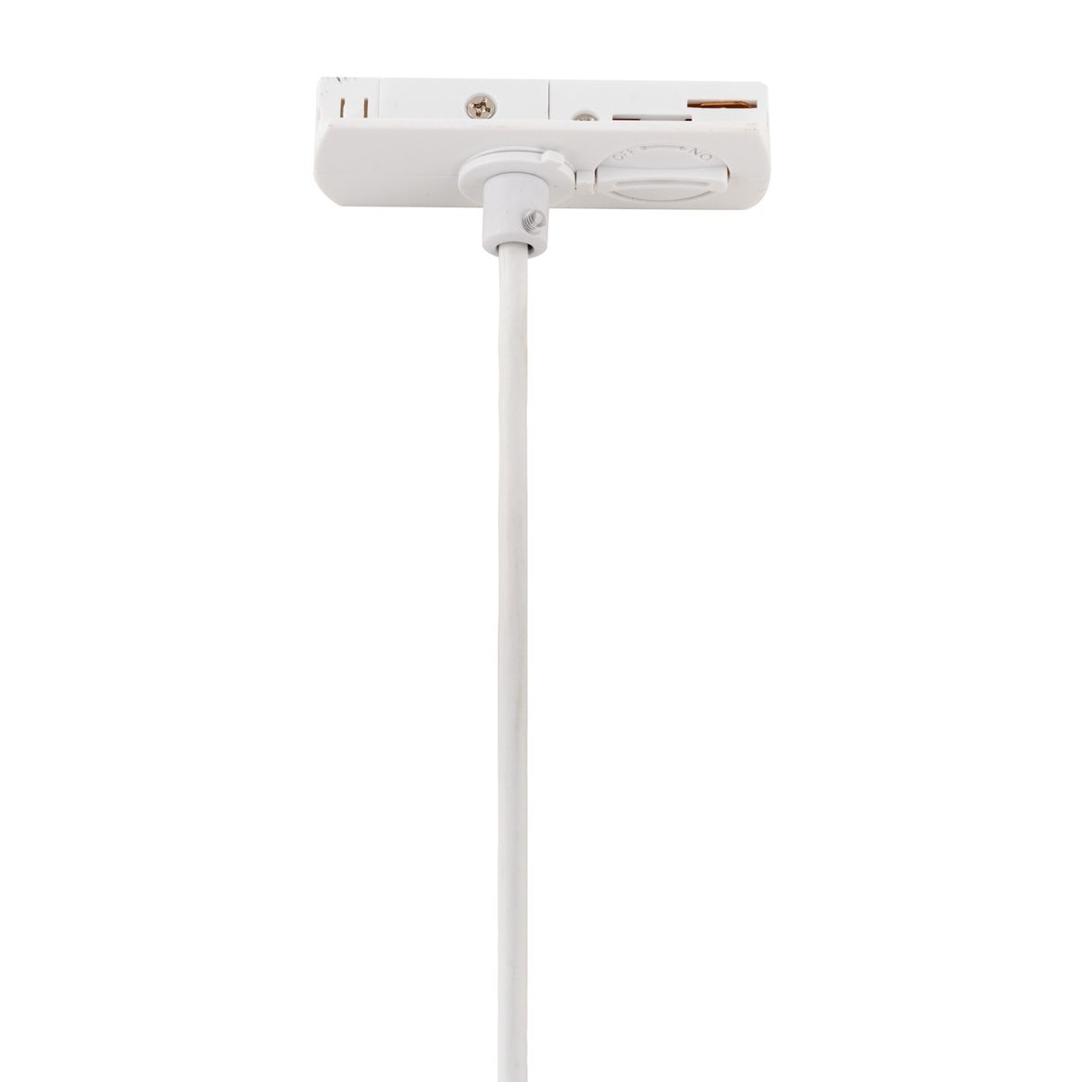 Lampa wisząca Tracer 1xG9 do szyny, biała, z cienkim przewodem. Ujęcie z dołu, pokazujące gniazdo i mocowanie. Prosta konstrukcja, idealna do systemów oświetleniowych.