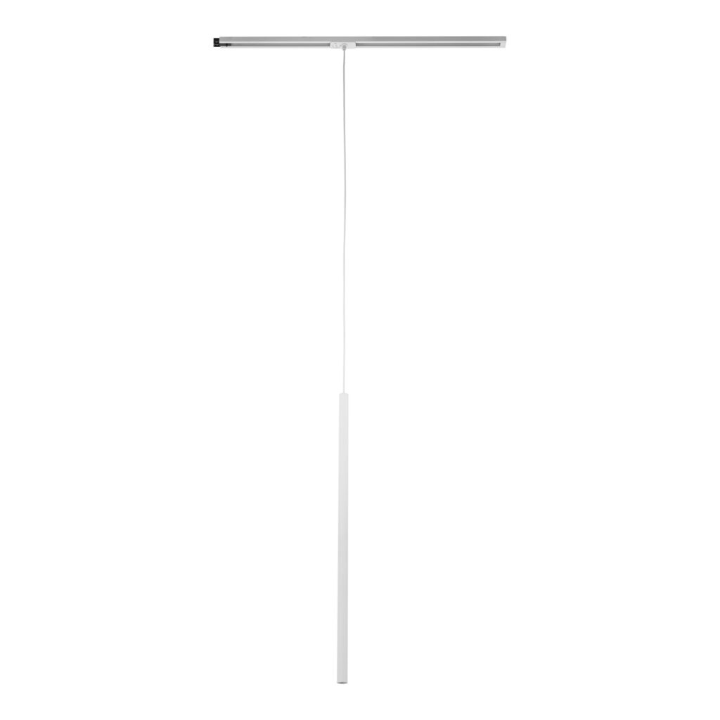 Lampa wisząca Tracer 1xG9 w kolorze białym, zawieszona na cienkim przewodzie. Produkt ma prostokątny kształt z długim, smukłym elementem zwisającym, przeznaczony do montażu na szynie 1-fazowej. Tło jest jednolite.