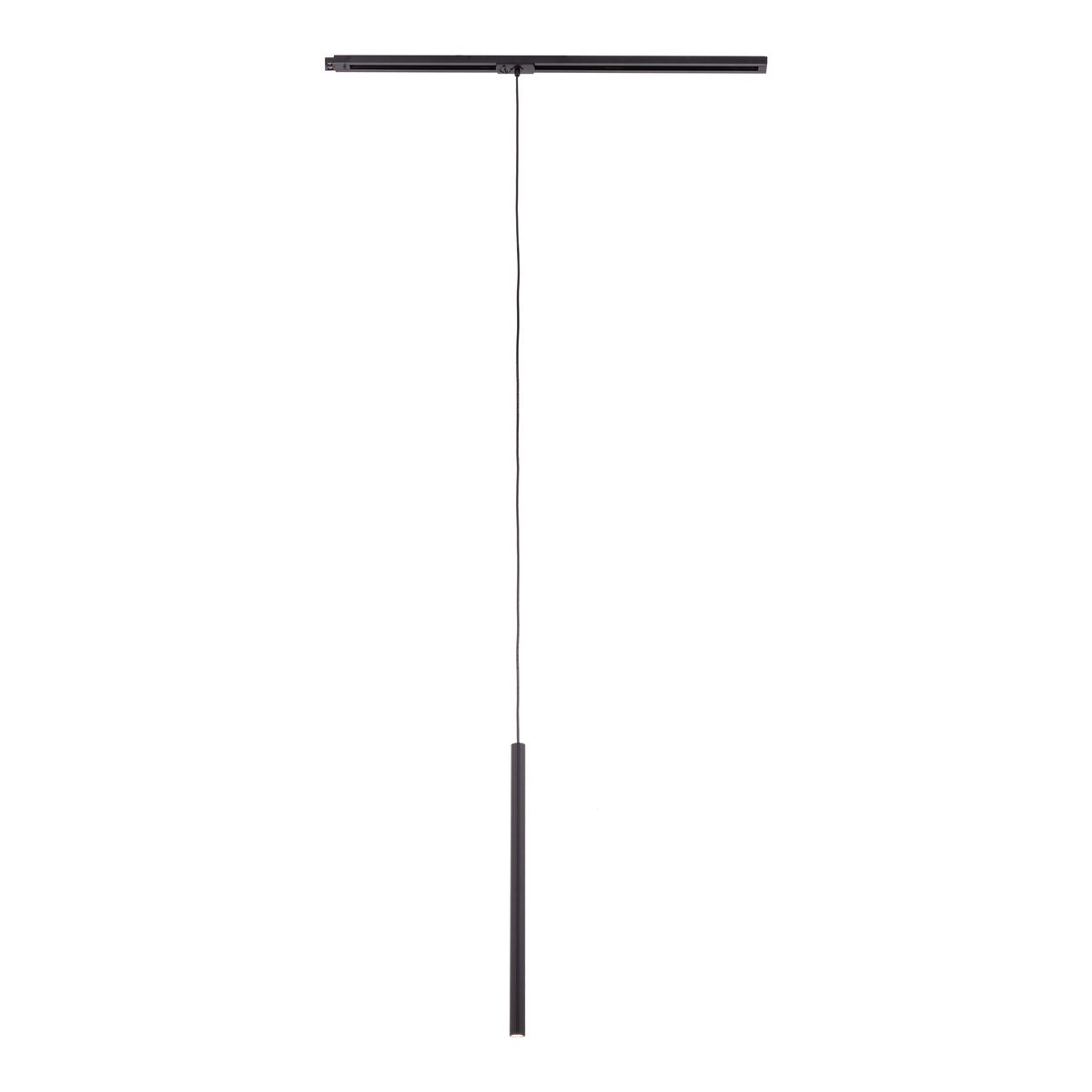 Lampa wisząca Tracer 1xG9 czarna, zawieszona na cienkim przewodzie, z prostokątnym kloszem u góry i cylindrycznym elementem u dołu. Produkt ma minimalistyczny design, przeznaczony do montażu na szynie 1-fazowej. Tło białe.