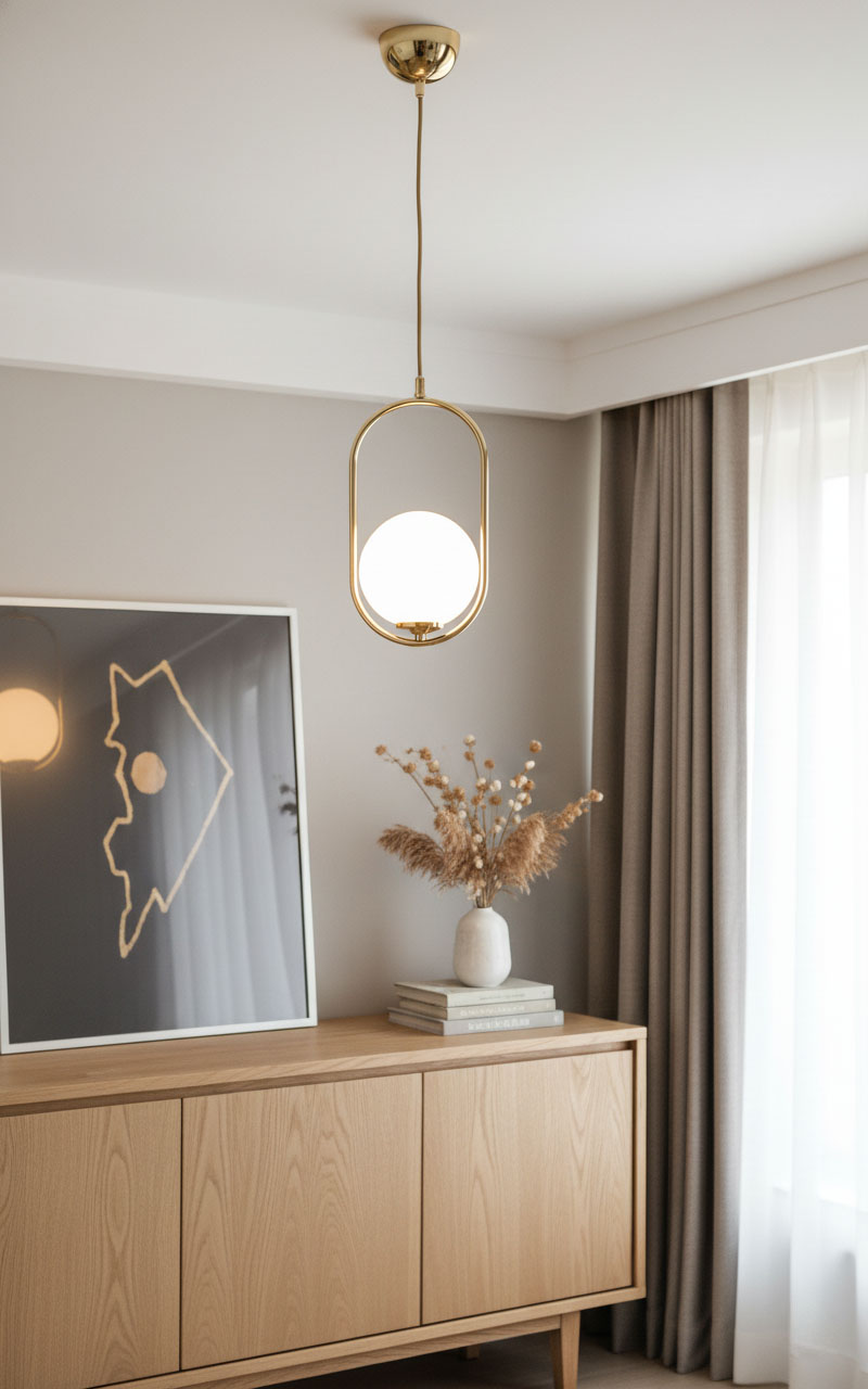 Lampa wisząca Noval M w kolorze złotym, 1-punktowa, z okrągłym, białym kloszem. Zawieszona na cienkim przewodzie, w aranżacji wnętrza z drewnianym meblem i dekoracjami. Tło w neutralnych odcieniach.