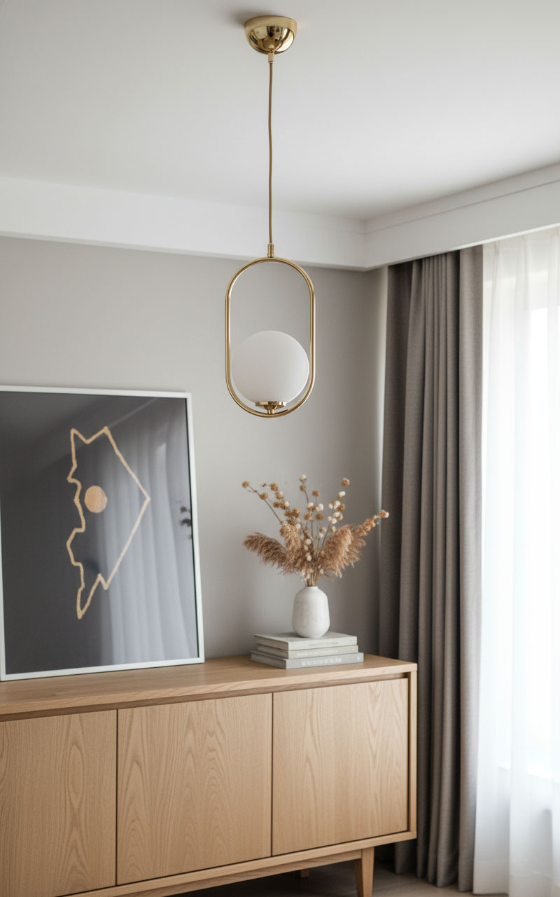 Lampa wisząca Noval M w kolorze złotym z białym, okrągłym kloszem, zawieszona na długim przewodzie. Zawieszona w nowoczesnym wnętrzu, obok drewnianego kredensu z kwiatami i obrazem na ścianie.