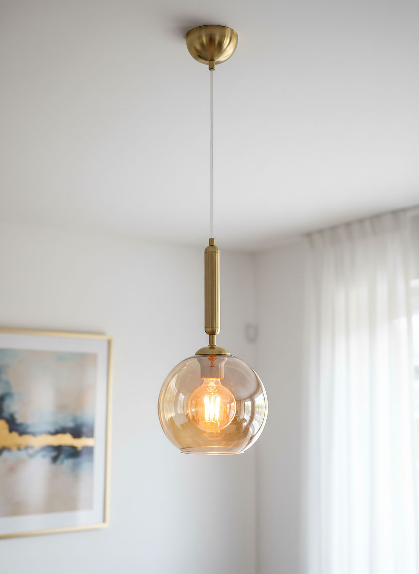 Złota lampa wisząca Grall D20 z przezroczystym, kulistym kloszem i widoczną żarówką. Ujęcie z dołu, lampa zawieszona na białym przewodzie, montowana do sufitu. W tle jasna ściana i zasłony, co podkreśla elegancki styl produktu.