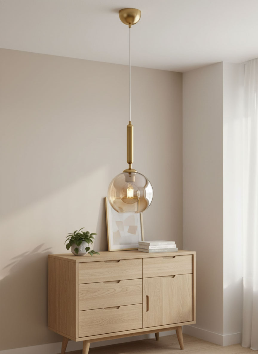 Lampa wisząca Grall D20 w kolorze złotym, z przezroczystym kloszem w kształcie kuli. Zawieszona na cienkim, białym przewodzie, umieszczona nad drewnianą komodą w jasnym wnętrzu. W tle widoczna ramka z grafiką oraz roślina doniczkowa.