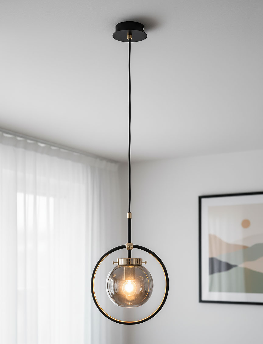 Czarna złota lampa wisząca Akira z pojedynczym punktem świetlnym. Szklana kula z widoczną żarówką zawieszona na czarnym przewodzie, otoczona metalowym pierścieniem. Lampa montowana do sufitu, w nowoczesnym wnętrzu.