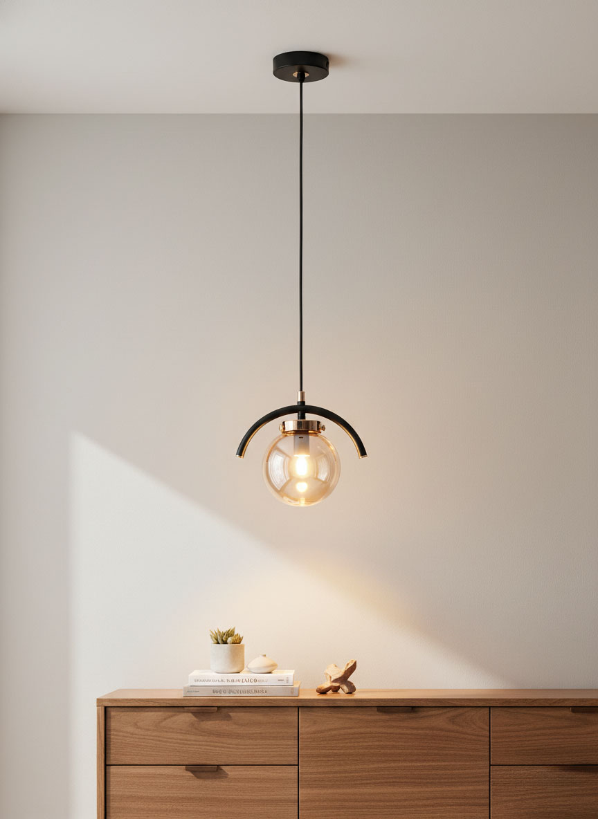 Lampa wisząca Korda 1-punktowa w złotym kolorze z przezroczystym kloszem. Ujęcie z boku, zawieszona na czarnym kablu. Oświetlenie umieszczone na ciemnym tle, w aranżacji z drewnianą szafką, z książkami i dekoracjami.