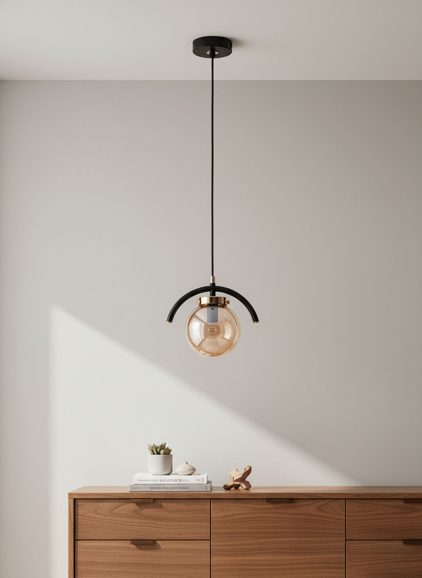 Lampa wisząca Korda 1-punktowa w kolorze złotym, z przezroczystą kulistą kloszem i czarnym metalowym uchwytem. Zawieszona na cienkim, czarnym przewodzie, w aranżacji z drewnianą komodą i dekoracjami na tle jasnej ściany.