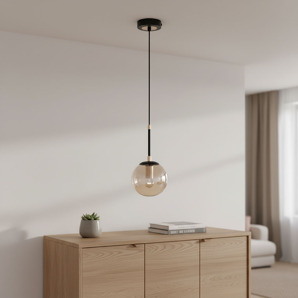 Lampa wisząca Sebia 1-punktowa 61081 w kolorze czarnym z przezroczystym kloszem w kształcie kuli. Zawieszona na długim, czarnym przewodzie, montowana do sufitu. Obok widoczny drewniany mebel z rośliną doniczkową i książkami.