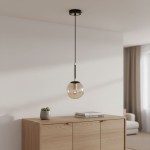 Lampa wisząca Sebia 1-punktowa 61081 w kolorze czarnym z przezroczystym kloszem w kształcie kuli. Zawieszona na długim, czarnym przewodzie, montowana do sufitu. Obok widoczny drewniany mebel z rośliną doniczkową i książkami.