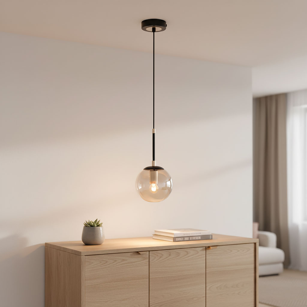 Lampa wisząca Sebia 1-punktowa 61081 z przezroczystym, szklanym kloszem w kształcie kuli, zawieszona na czarnym przewodzie. Widoczna w minimalistycznym wnętrzu na tle jasnej ściany i drewnianego mebla.