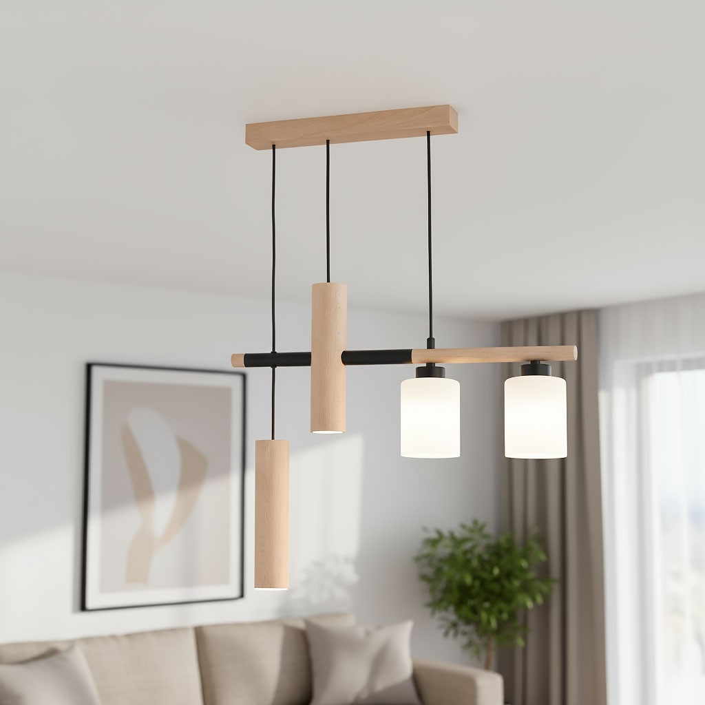 Lampa wisząca Nimir z naturalnego drewna, z dwoma oprawami E27 i dwoma GU10. Elementy w kształcie cylindrów, z matowymi kloszami. Ujęcie z góry, lampa zawieszona na czarnych kablach, w nowoczesnym wnętrzu z rośliną w tle.