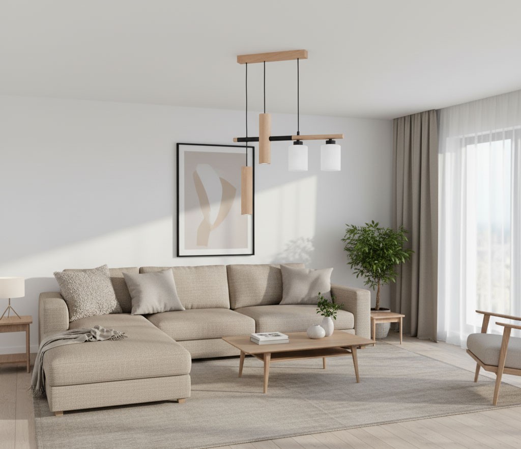 Lampa wisząca Nimir z naturalnego drewna, zawieszona na czarnych linkach. Posiada dwa źródła światła E27 i dwa GU10. W tle jasne wnętrze z beżową sofą, drewnianym stolikiem i roślinami.