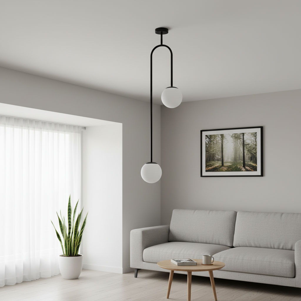 Lampa wisząca Vector 2xE14 w kolorze czarnym i białym, z dwoma okrągłymi kloszami, zawieszona na długich, zakrzywionych ramionach. Ujęcie frontalne, umieszczona w nowoczesnym wnętrzu z kanapą i rośliną doniczkową.