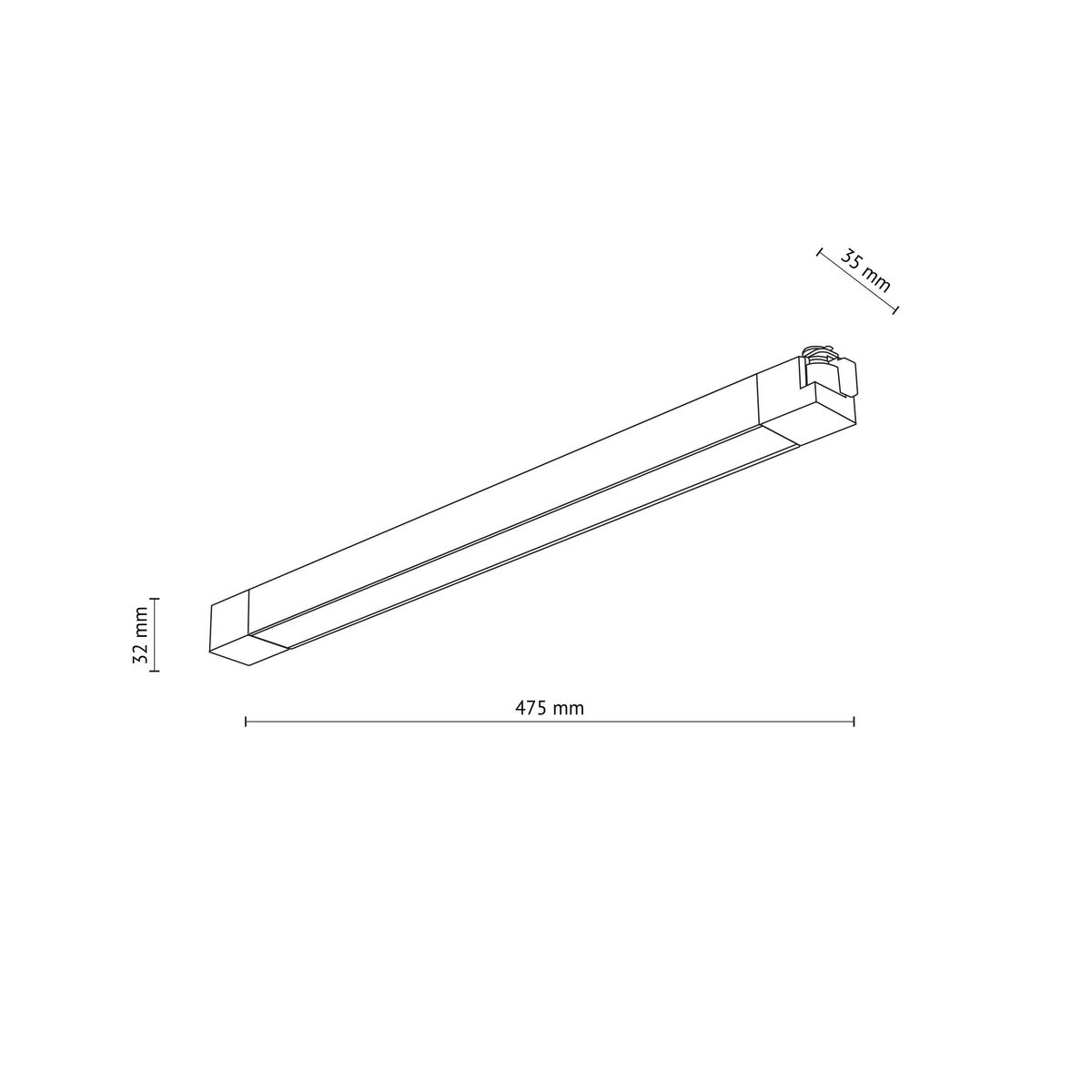 Biały panel LED Tracer 1x30W do szyny 1-fazowej o wymiarach 475 mm długości, 35 mm szerokości i 32 mm wysokości. Prosty, prostokątny kształt z zamocowaniem na końcu. Idealny do oświetlenia wnętrz.