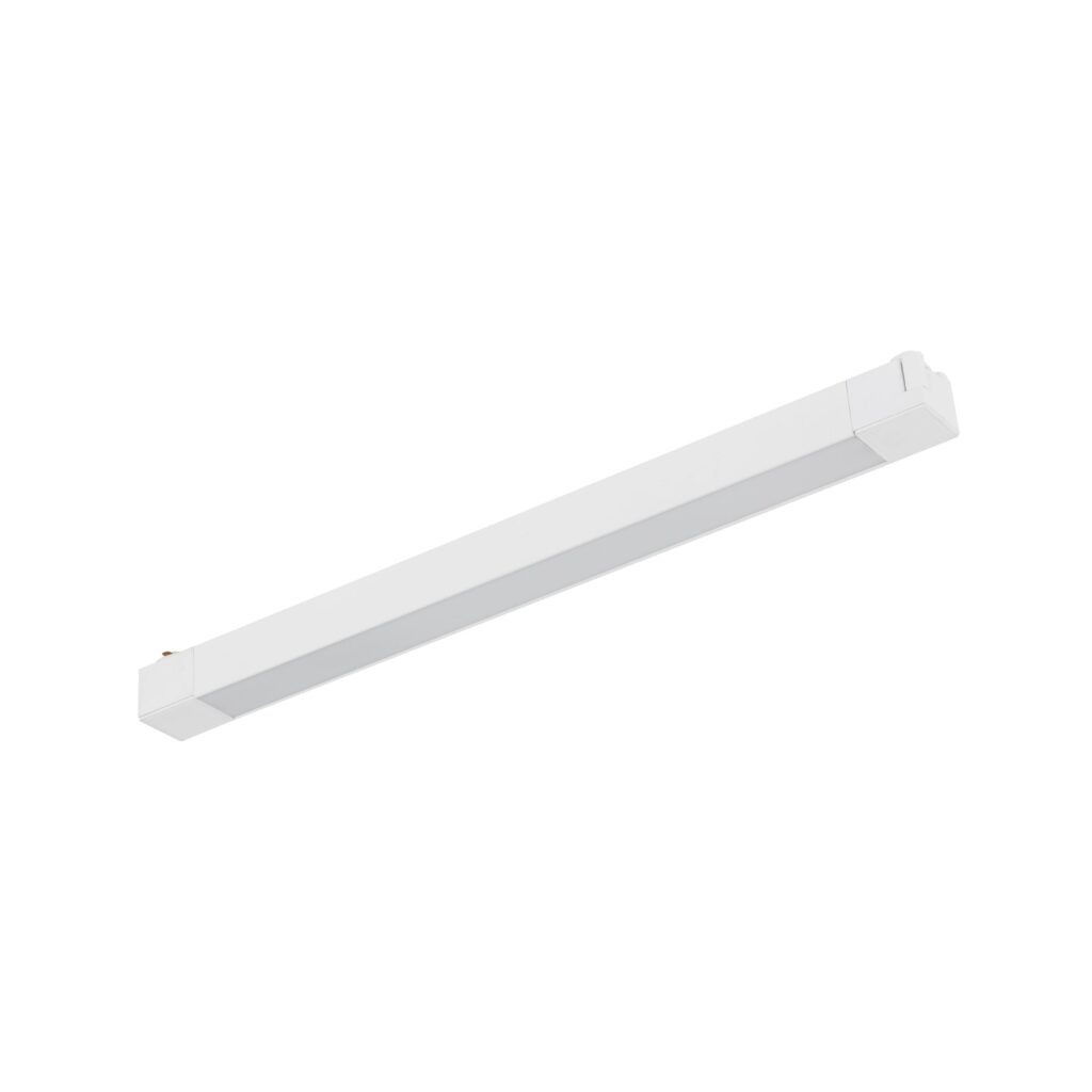 Panel LED Tracer 1x30W do szyny 1-fazowej, biały, o prostokątnym kształcie. Widoczny z boku, z gładką, matową powierzchnią. Zawiera złącze do montażu na szynie. Idealny do oświetlenia wnętrz.