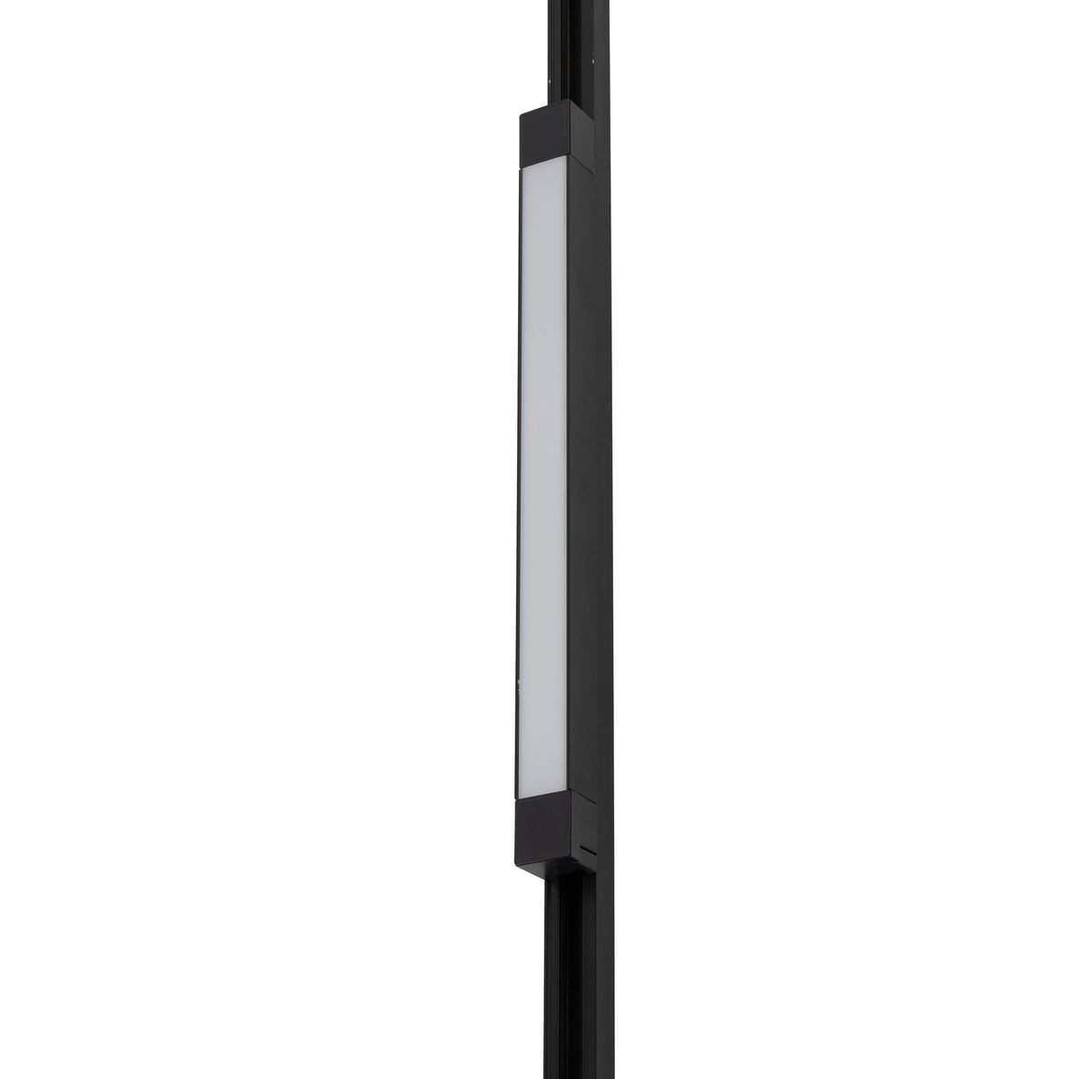 Panel LED 30W w czarnej obudowie, zamontowany na czarnej szynie 1-fazowej. Prosty, prostokątny kształt z mlecznym kloszem. Ujęcie z boku, ukazujące montaż oraz design produktu.