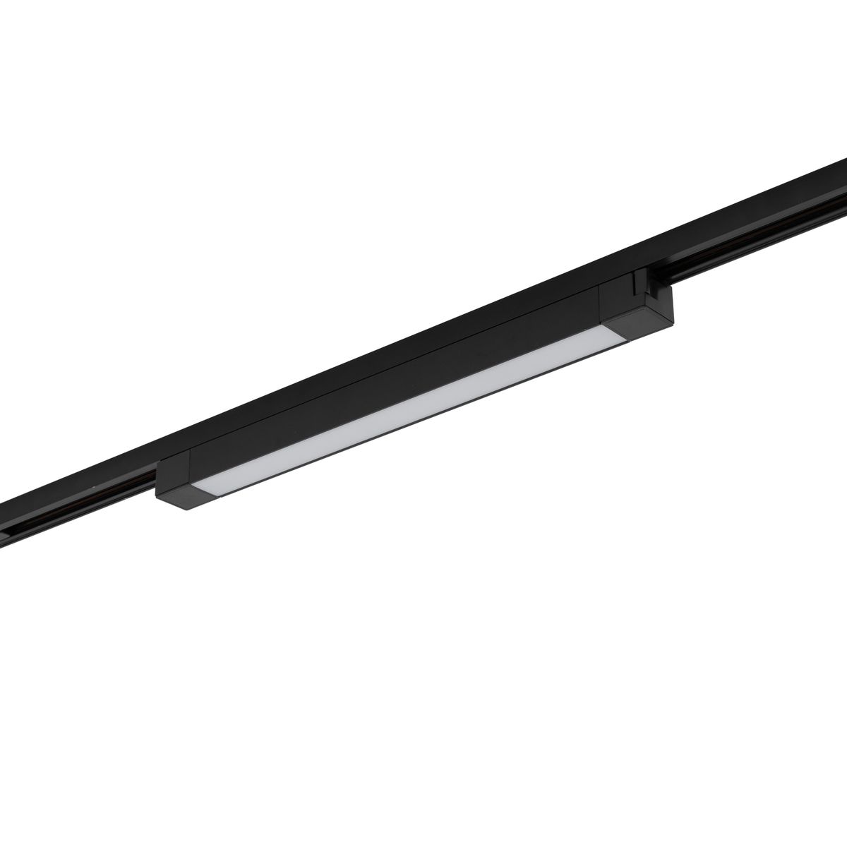Czarny panel LED 30W do 1-fazowej szyny, prostokątny kształt z matowym białym kloszem, zamontowany poziomo. Widoczny jest mechanizm mocujący, tło białe. Idealny do oświetlenia wnętrz.