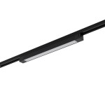 Czarny panel LED 30W do 1-fazowej szyny, prostokątny kształt z matowym białym kloszem, zamontowany poziomo. Widoczny jest mechanizm mocujący, tło białe. Idealny do oświetlenia wnętrz.