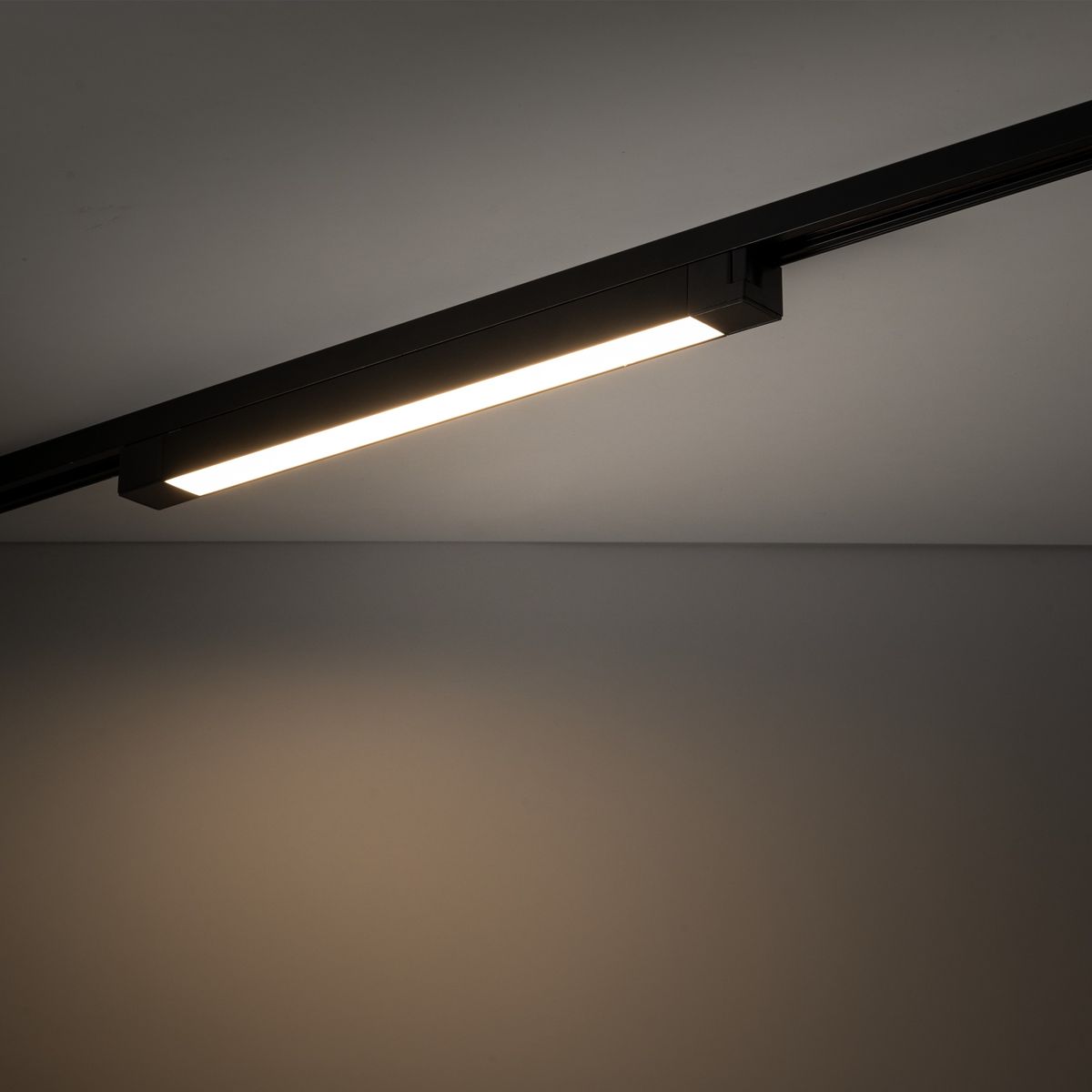 Panel LED Tracer 1x30W w kolorze czarnym, zamontowany na szynie 1-fazowej. Prosty, prostokątny kształt z emitującym światłem paskiem na górze, widoczny na tle szarej ściany.