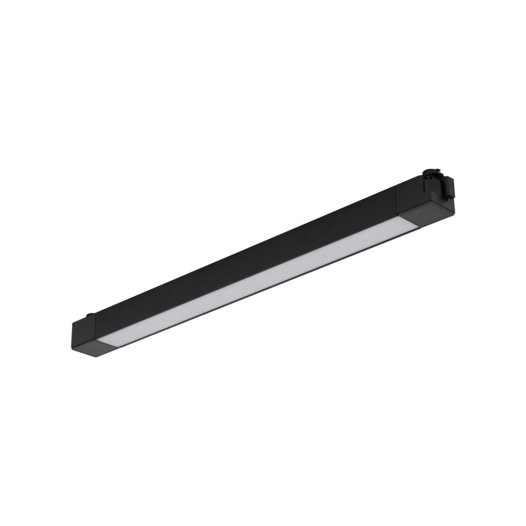 Panel LED Tracer 1x30W w kolorze czarnym, prostokątny, montowany na szynie 1-fazowej. Z przodu znajduje się biała, matowa szybka. Produkt widoczny z boku, w pozycji wiszącej, na jednolitym tle.