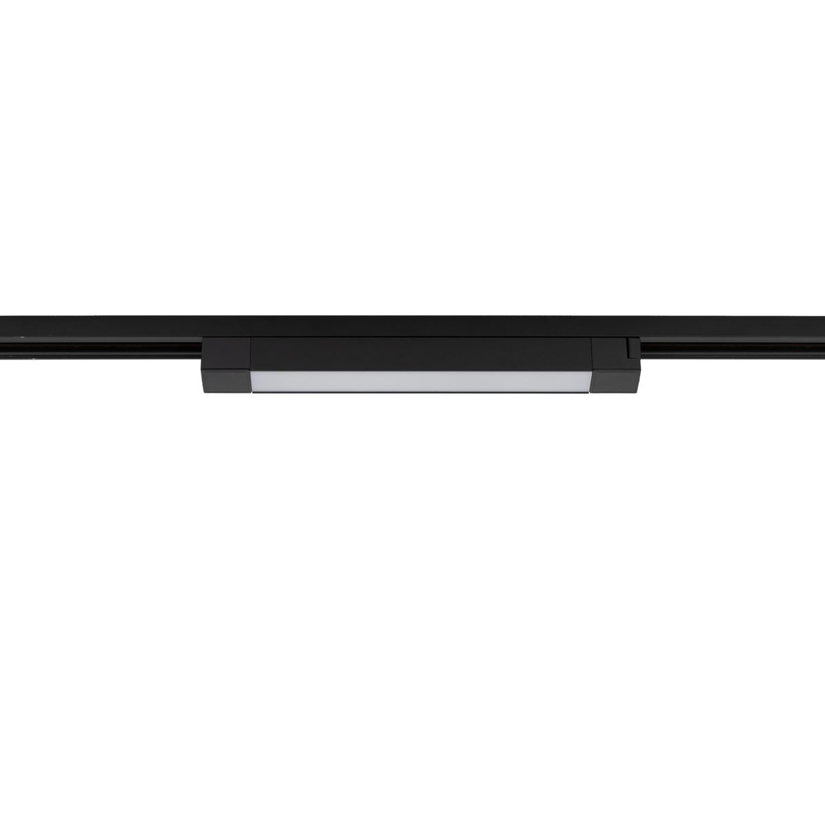 Czarny panel LED Tracer 1x20W do szyny 1-fazowej, o prostokątnym kształcie. Zainstalowany w pozycji poziomej, z białą osłoną na przedniej części, z widocznymi złączami do montażu. Tło białe, co podkreśla jego design.