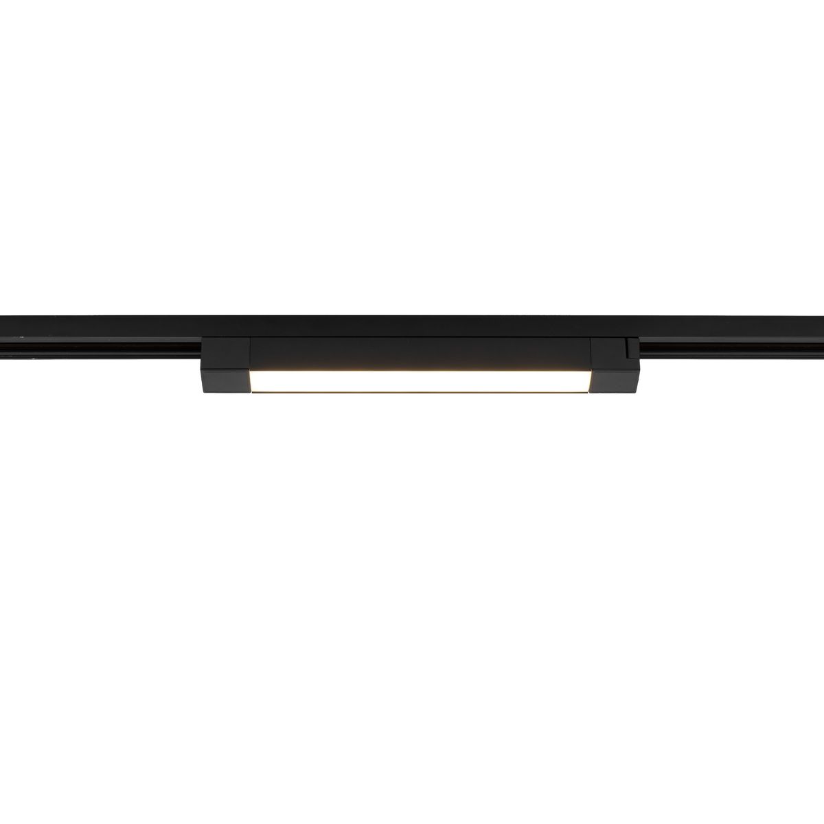 Czarny panel LED Tracer 1x20W do szyny 1-fazowej, umieszczony w poziomie. Posiada prostokątny kształt z białym kloszem na światło. Widoczny montaż na szynie, minimalistyczny design, idealny do nowoczesnych wnętrz.