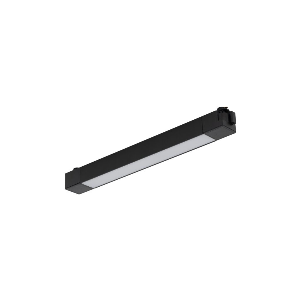 Panel LED Tracer 1x20W w kolorze czarnym, prostokątny, z matowym, białym kloszem, zamontowany na końcach z uchwytami do szyny 1-fazowej. Ujęcie z boku, ukazujące jego smukłą formę i funkcjonalny design.