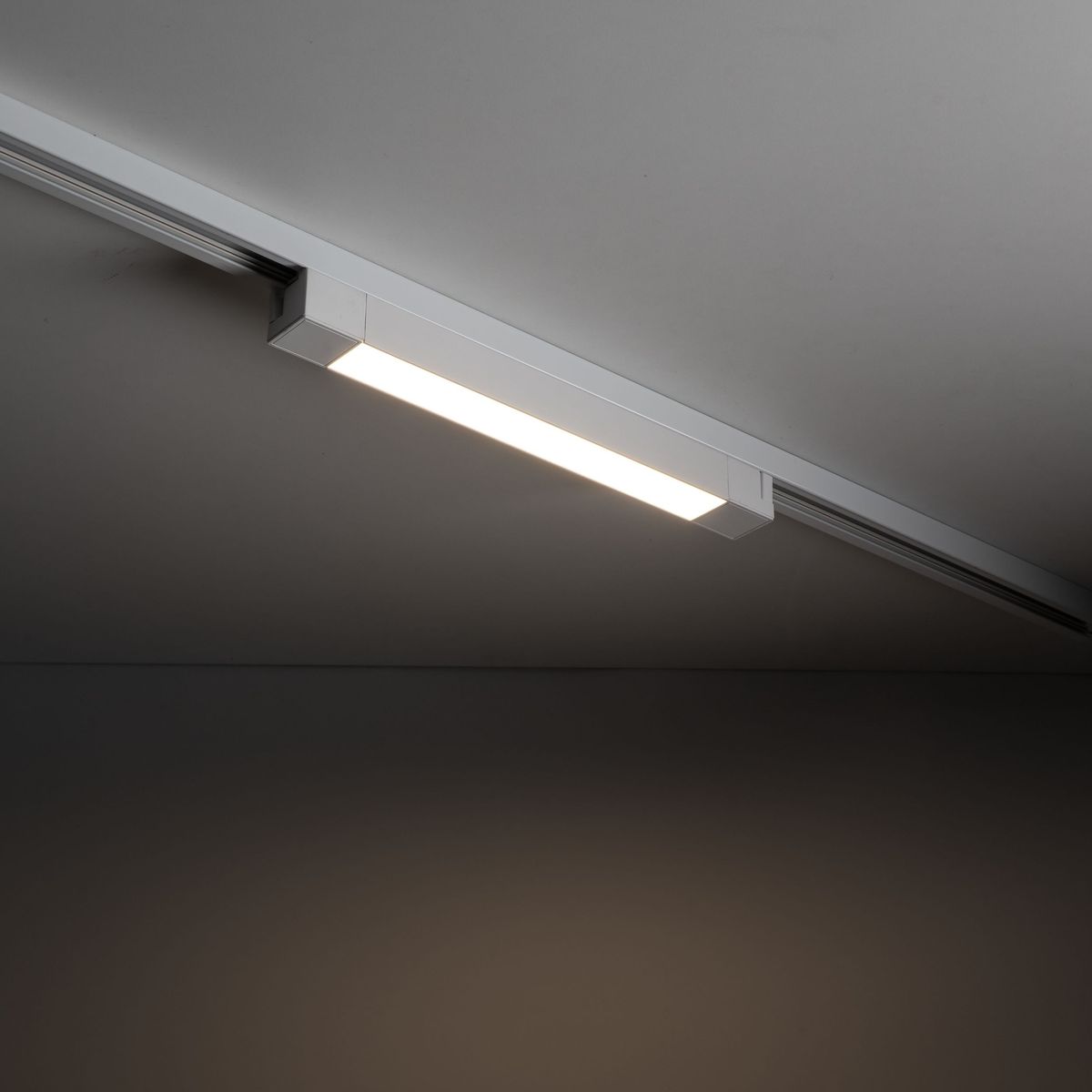Panel LED Tracer 1xLED 20W w kolorze białym, zamontowany na szynie 1-fazowej. Prosty, prostokątny kształt z emitującym światłem odcieniem białym, umieszczony pod kątem na tle ciemnej ściany.
