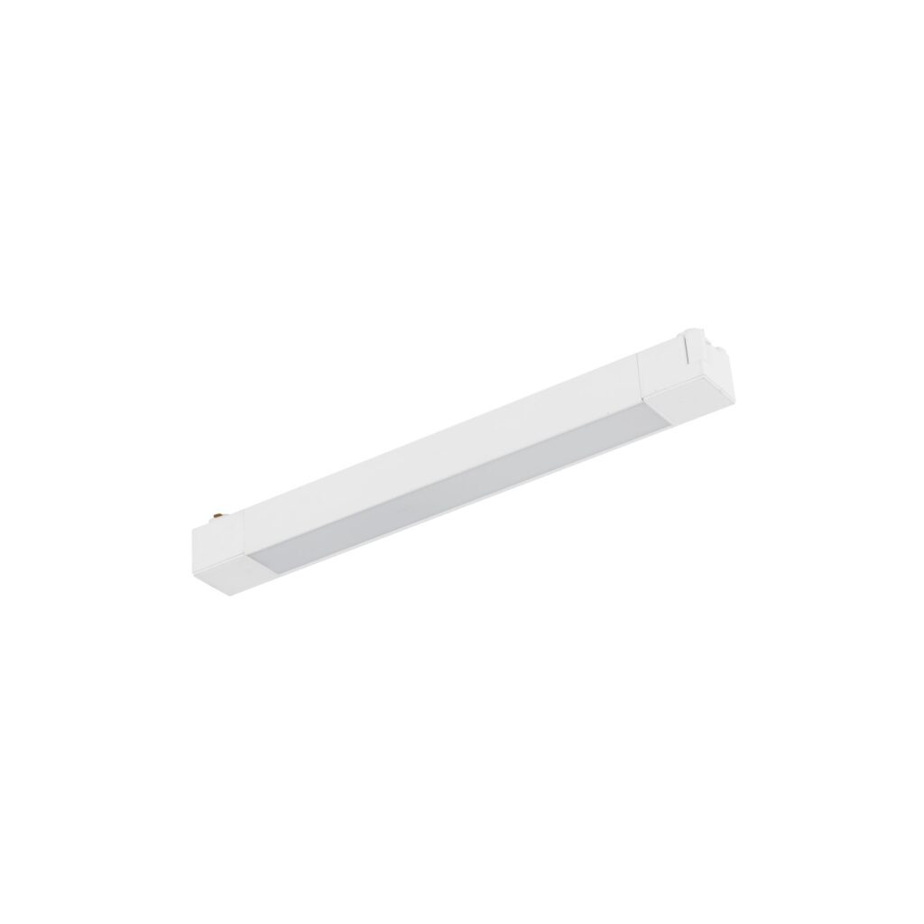 Panel LED Tracer 1x20W do szyny 1-fazowej w kolorze białym, prostokątny kształt, matowa powierzchnia, z zamontowanymi końcówkami do łatwego montażu. Produkt widoczny na jednolitym tle, w pozycji leżącej.