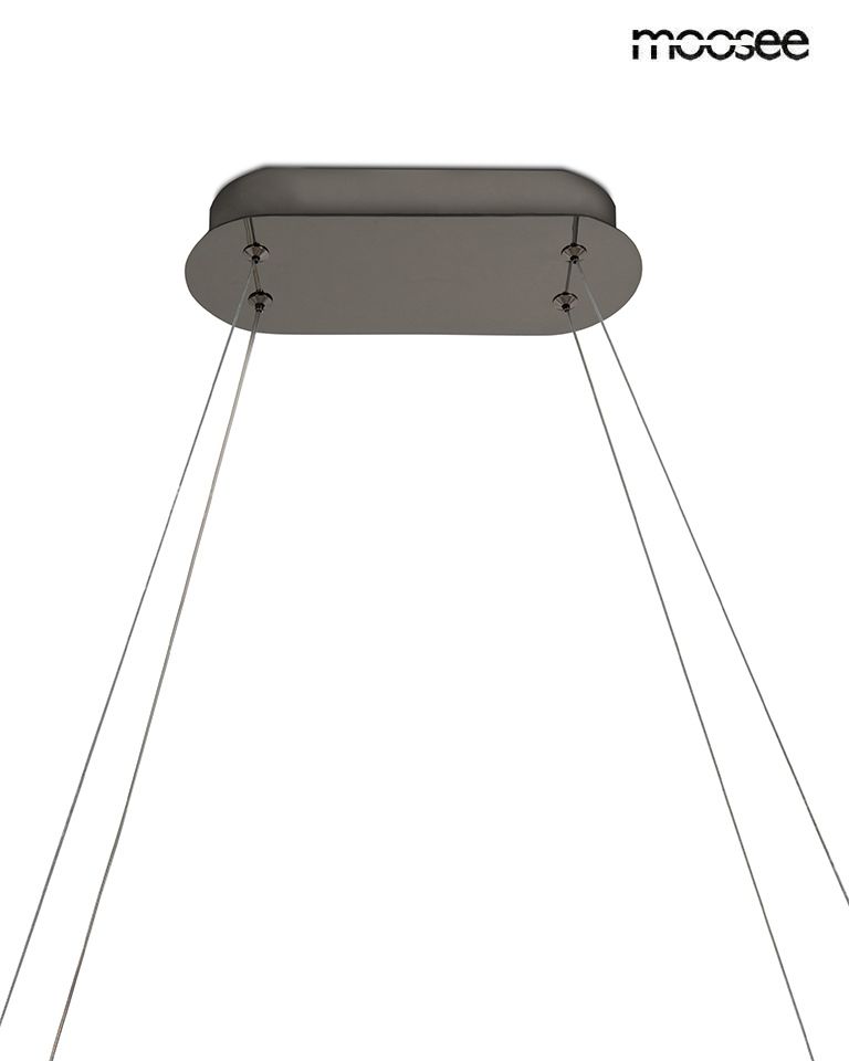 Czarna lampa wisząca LED Anillo 41W 3000K, z metalowym, prostokątnym stelażem montażowym. Wisi na cienkich linkach, widoczne mocowania przy suficie. Idealna do nowoczesnych wnętrz, zapewniająca ciepłe światło.