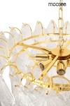 Lampa wisząca Scarlett 60, złota, z 9 gniazdami E14. Posiada okrągłą, metalową konstrukcję oraz przezroczyste, faliste klosze. Widoczny łańcuch do zawieszenia. Produkt w ujęciu z góry, ukazujący detale i materiały.