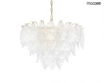 Lampa wisząca Scarlett 80, 15xE14, w kolorze złotym. Posiada szklane klosze w kształcie liści, zawieszone na złotym łańcuchu. Klosze mają teksturowaną powierzchnię, tworząc elegancki efekt świetlny. Ujęcie z boku, na białym tle.