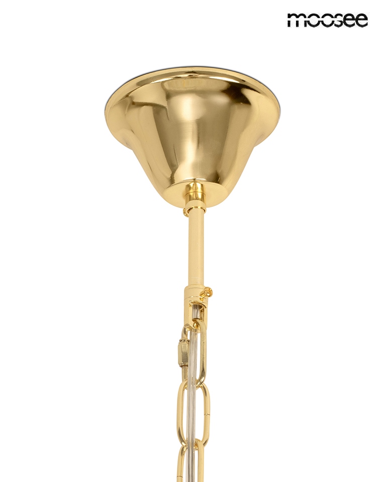 Lampa wisząca Scarlett 80 w kolorze złotym, o kształcie stożkowatym, z mocowaniem na 15 źródeł światła E14. Widoczny detal łańcucha i elementy montażowe. Ujęcie z dołu, pokazujące górną część lampy.