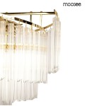 Lampa wisząca Luma 60 z dziewięcioma gniazdami E14, złota konstrukcja z przezroczystymi, szklanymi elementami w kształcie prostokątnych prętów. Montaż sufitowy, widok z boku, ukazujący detal wykończenia i struktury.