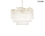 Lampa wisząca Luma 60 w kolorze złotym, z dziewięcioma miejscami na żarówki E14. Posiada przezroczyste, prostokątne elementy szklane w formie kryształów, zawieszone na złotej konstrukcji, w aranżacji na jednolitym tle.