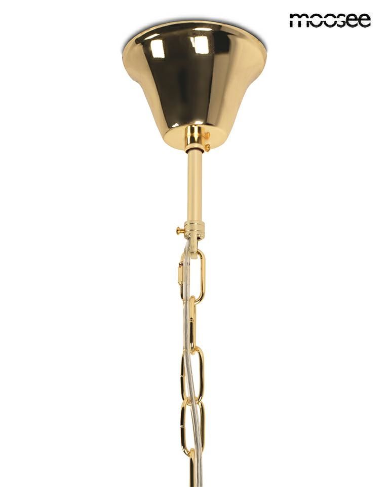 Lampa wisząca Luma 60 z 9 miejscami na żarówki E14, w złotym kolorze. Ujęcie z góry, pokazujące okrągły, błyszczący klosz oraz metalowy łańcuch mocujący. Prosta konstrukcja, idealna do nowoczesnych wnętrz.