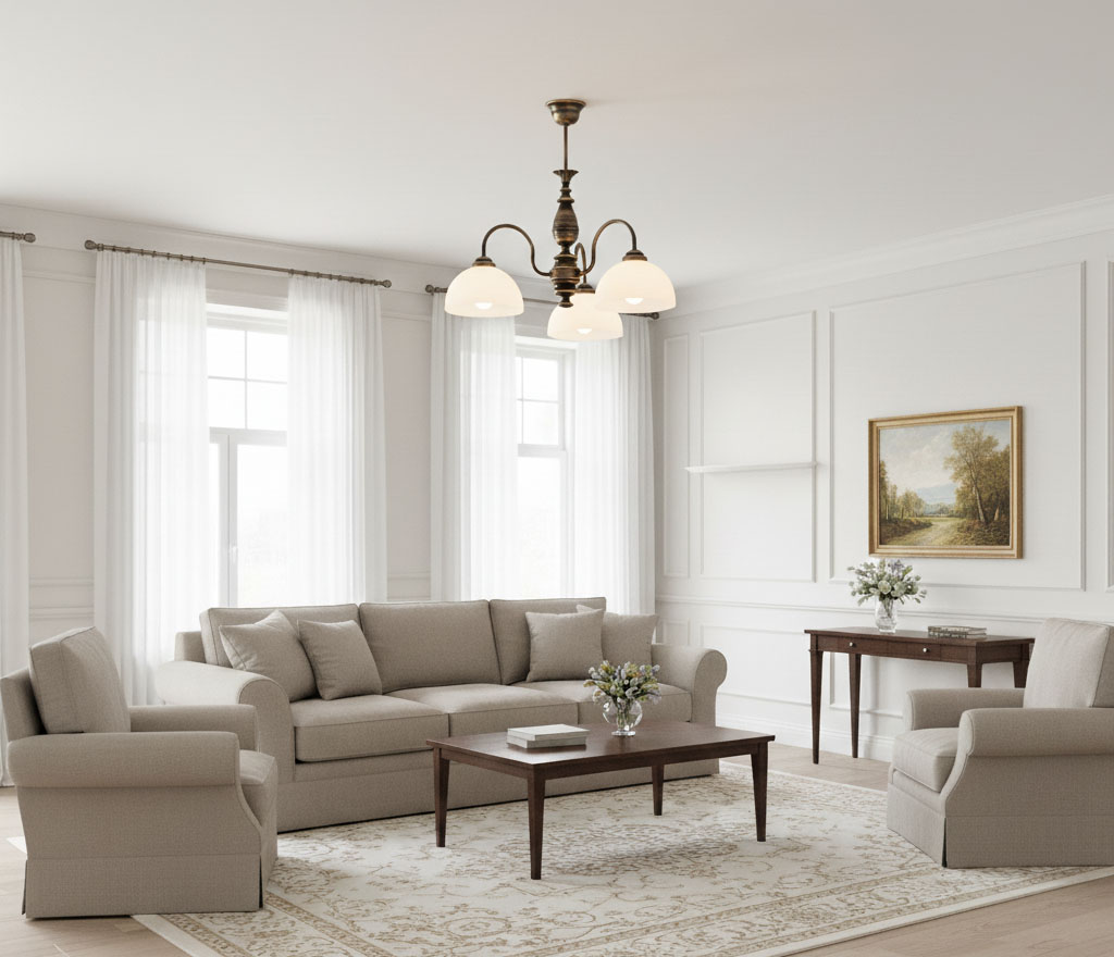 Żyrandol Felix 3xE27 w kolorze patyny, zawieszony w jasnym wnętrzu. Oświetlenie składa się z trzech mlecznych kloszy. W tle widoczny salon z beżową sofą, stolikiem kawowym i obrazem na ścianie.