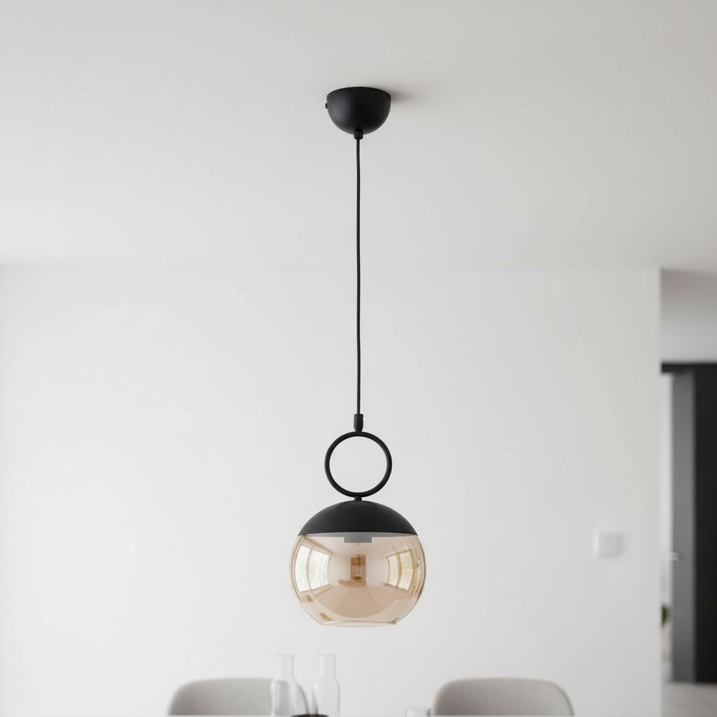 Lampa wisząca Sitro 20 l w kolorze czarnym z bursztynowym kloszem, zawieszona na cienkim przewodzie. Okrągły klosz osadzony na czarnej podstawie z dekoracyjnym pierścieniem. Prosta forma, idealna do nowoczesnych wnętrz.