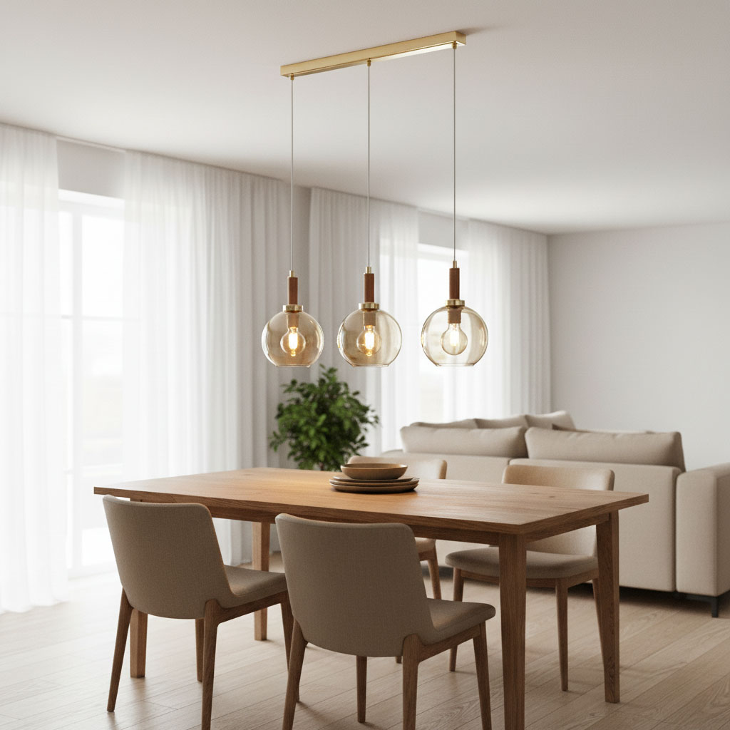 Lampa wisząca Hetty z trzema szklanymi kloszami w kolorze złotym i drewnianymi elementami, zawieszona na prostokątnej podstawie. Widoczna w aranżacji jadalni nad drewnianym stołem, z czterema krzesłami i rośliną w tle.
